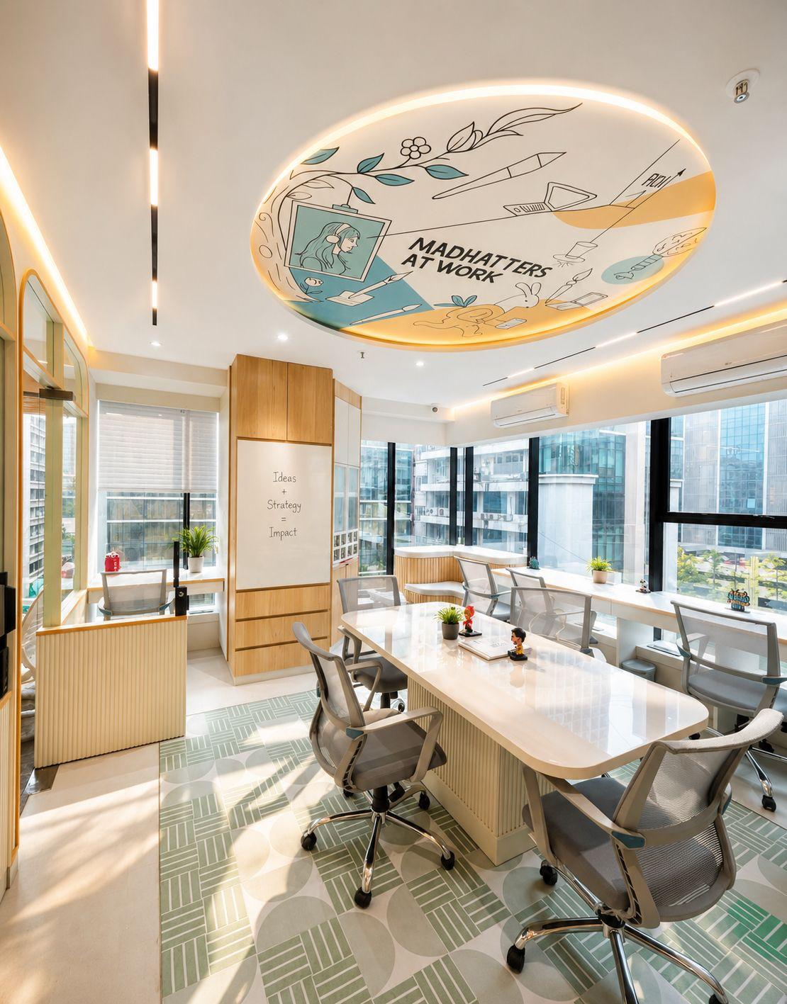 Modern office interior with conference table, curved ceiling detail and large windows